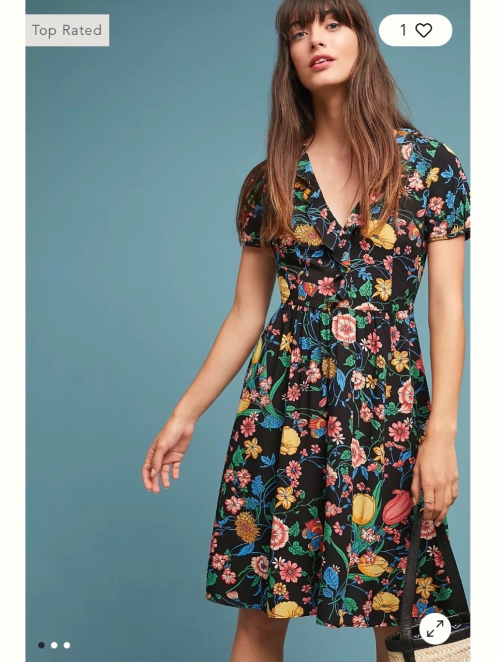 Anthropologie Maeve Bloedel Floral Dress Black Short Sleeves V-Neck Pockets Sz 0 - Picture 2 of 16